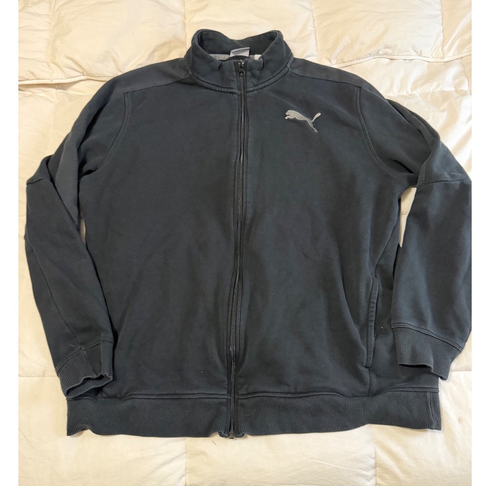 Puma Mens XL Black Full Zip Track Jacket Mock Neck Fleece Sweatshirt Silver Logo